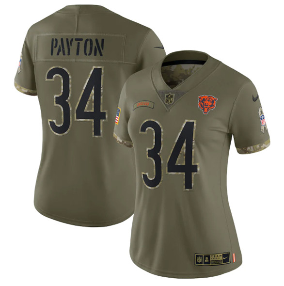 Women's Chicago Bears #34 Walter Payton 2022 Olive Salute To Service Limited Stitched Jersey(Run Small)